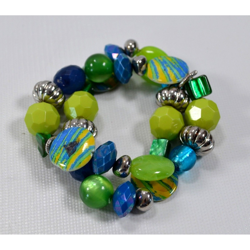 Stretch Bracelet Double Strand with Blue Green Silver‎ Faceted & Flat Beads 8"